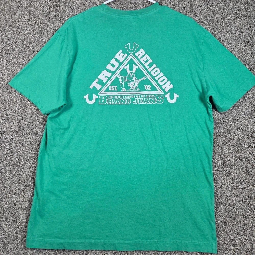 True Religion T-Shirt Mens L Green Buddha Graphic Streetwear Cotton